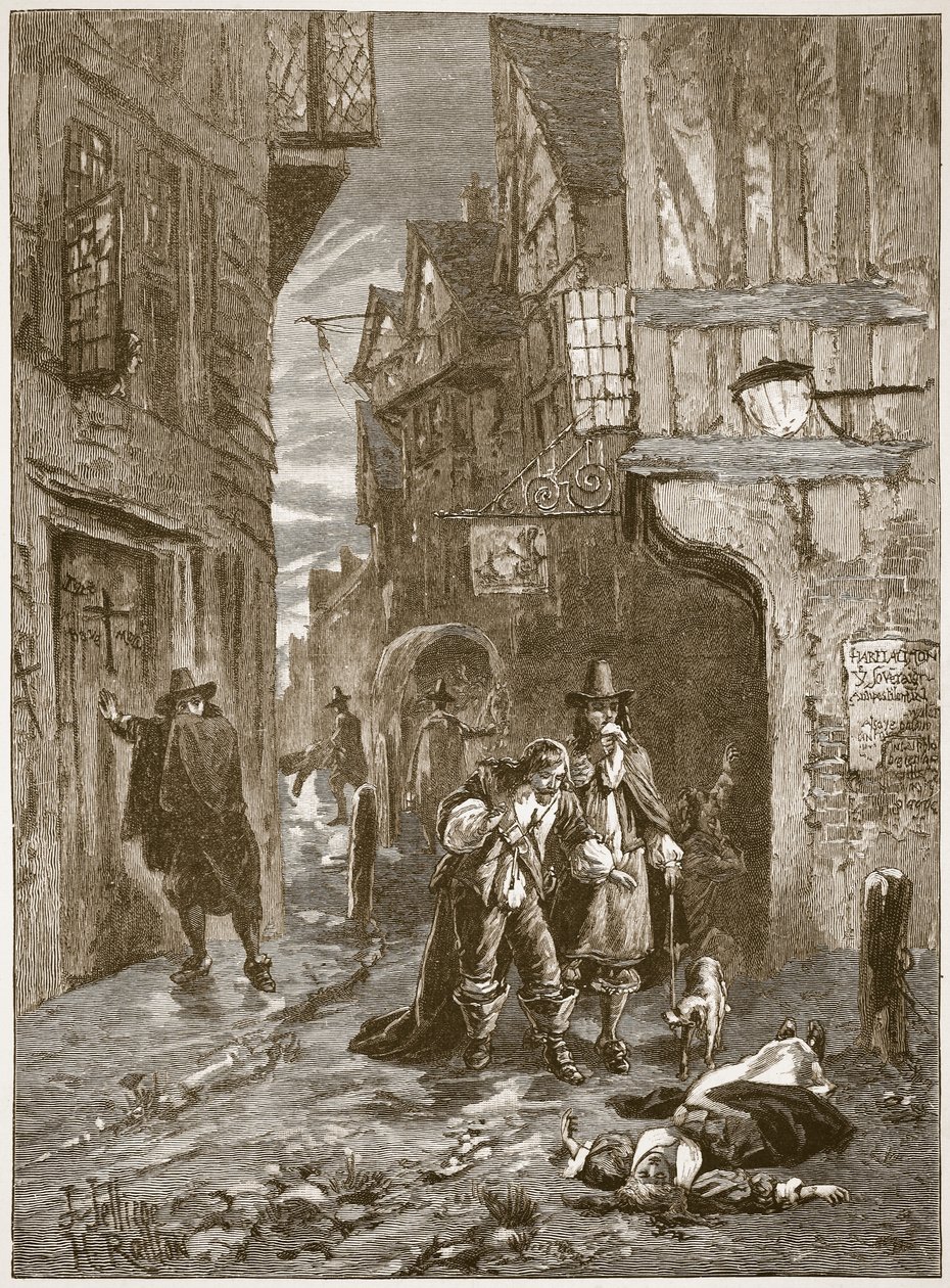 Una strada di Londra durante la Grande Peste, illustrazione da Cassells Illustrated History of England da English School