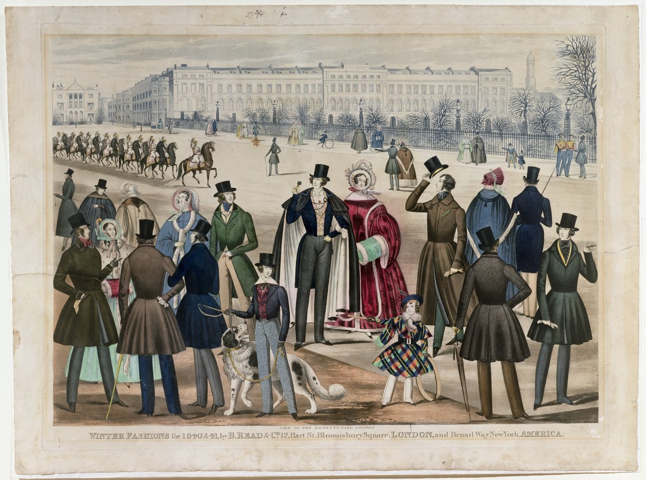Una vista in Regents Park, Londra, che mostra le mode invernali nel 1840 e 1841, pubblicato da B.Read & Co, 1840 da English School