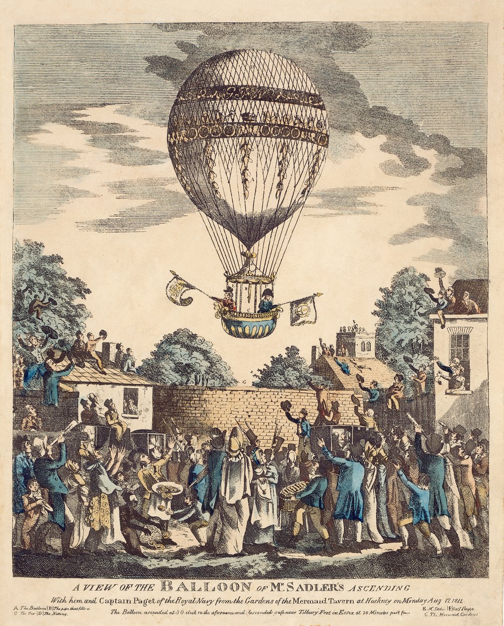 Veduta della mongolfiera del signor Sadler che sale con lui e il capitano Paget della Royal Navy dai giardini della Mermaid Tavern di Hackney lunedì 12 agosto. da English School