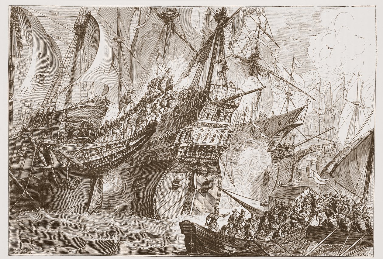 Azione tra la flotta spagnola e le navi dei Mendicanti del Mare, illustrazione da The History of Protestantism di James Aitken Wylie, pub. 1878 da English School