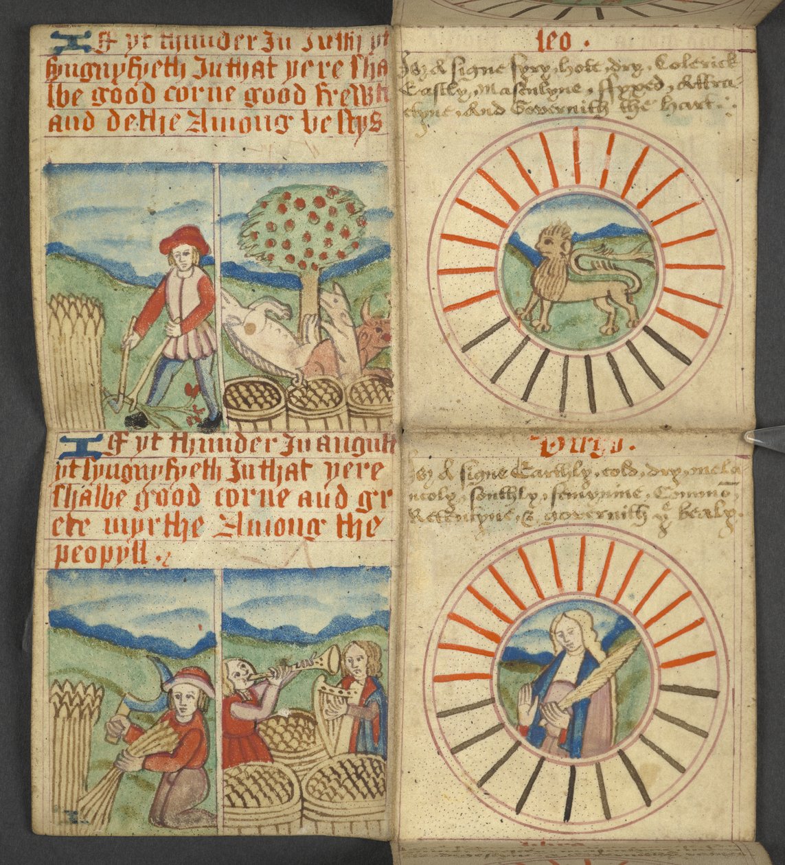Leone e Vergine, da Almanacco, contenente tabella delle lettere dominicali e numeri d