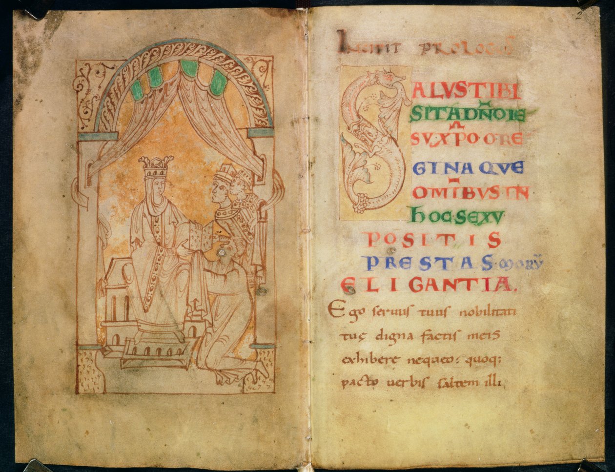 La regina Emma, moglie di Ethelred II e Cnut, riceve il libro dal suo autore; Capitale 