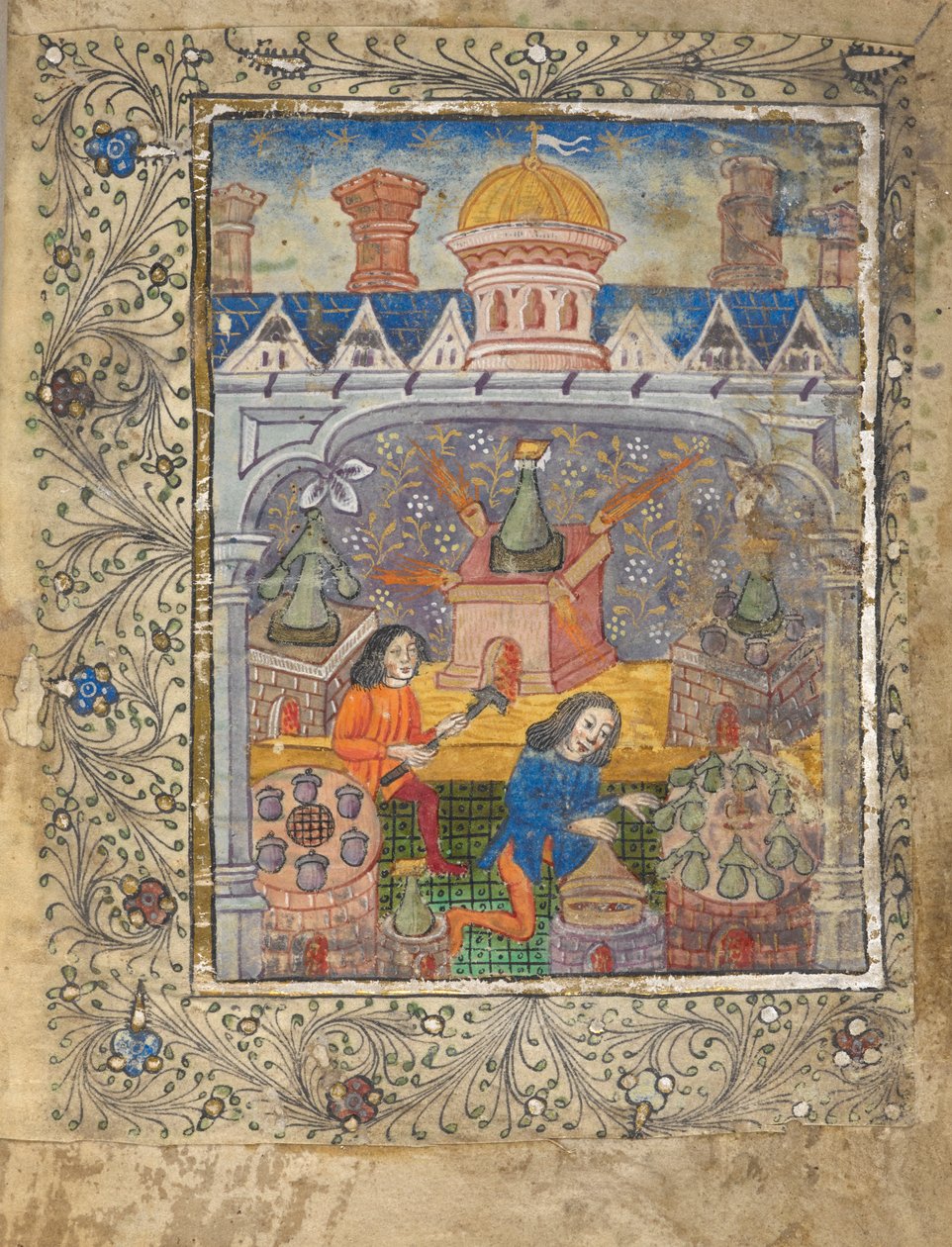 Sette fornaci con alambicchi, sorvegliate da due uomini, sotto un tetto con cupola e camini, c.1477 da English School