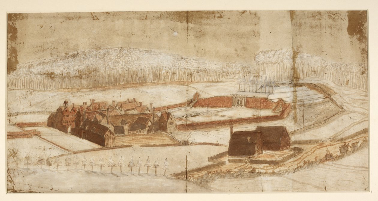 Veduta di Wotton con il giardino, la grotta e i dintorni, c.1650 da English School