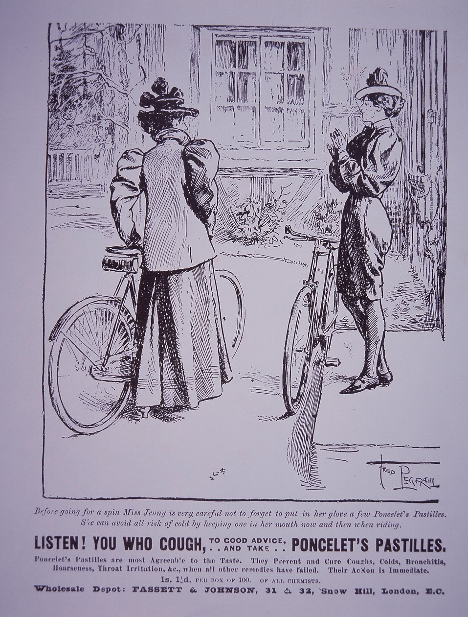 Pubblicità per le Pastiglie di Poncelet che mostra cicliste, una con i pantaloni alla zuava da English School