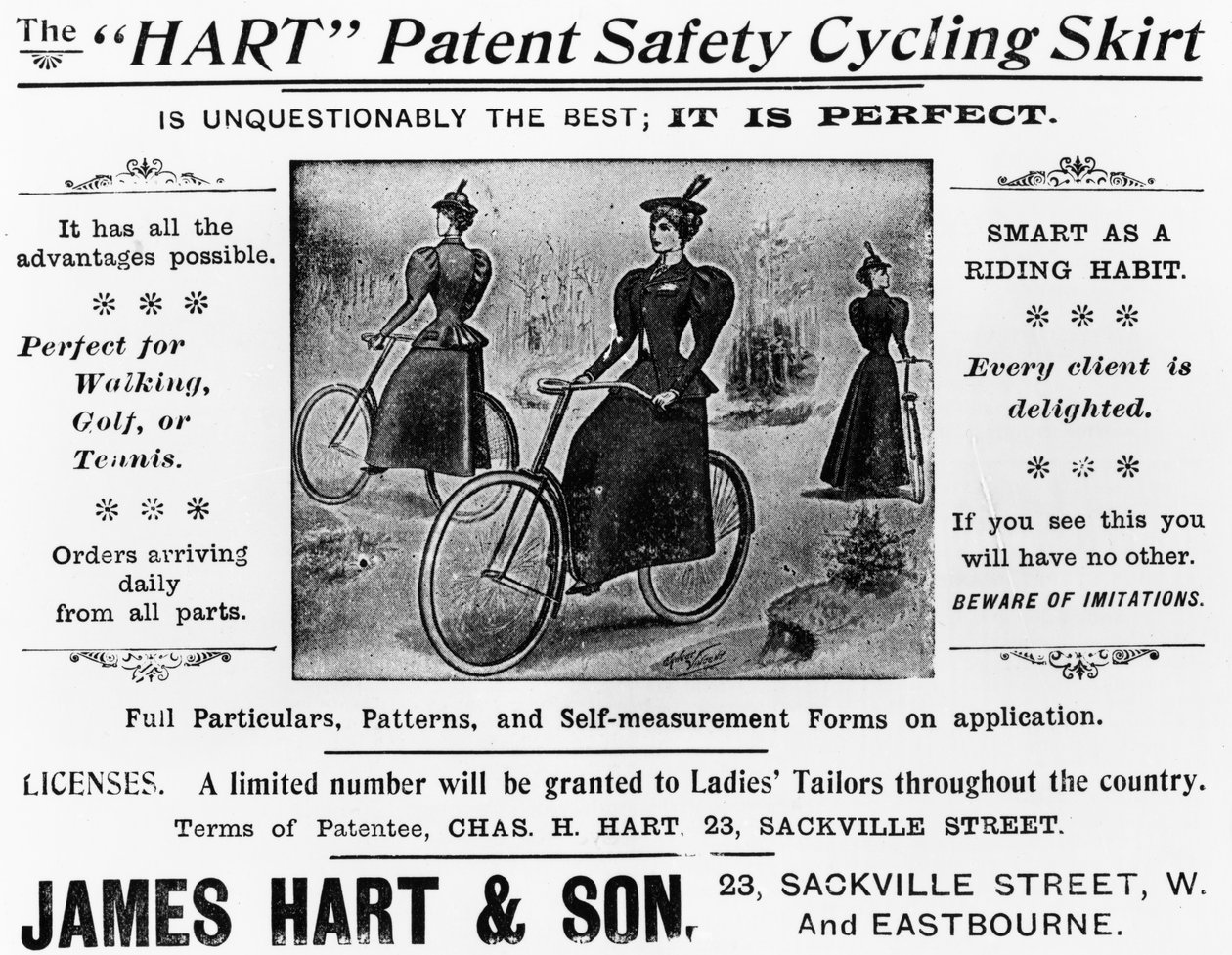 Pubblicità per la gonna da ciclismo di sicurezza brevettata Hart, c.1897 da English School