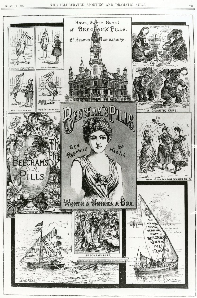 Pubblicità per le pillole di Beecham, il bocciolo di rosa della salute, 1890 da English School
