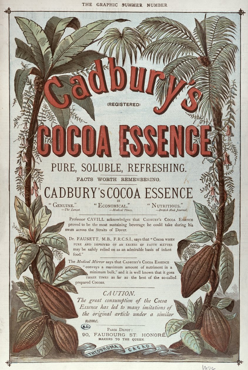Pubblicità per Cadburys Cocoa Essence, da The Graphic, 1878 da English School