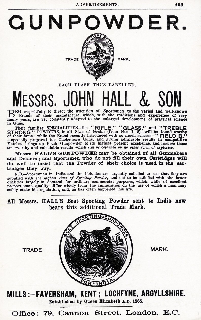 Pubblicità per Polvere da Sparo di Messrs. John Hall & Son da English School