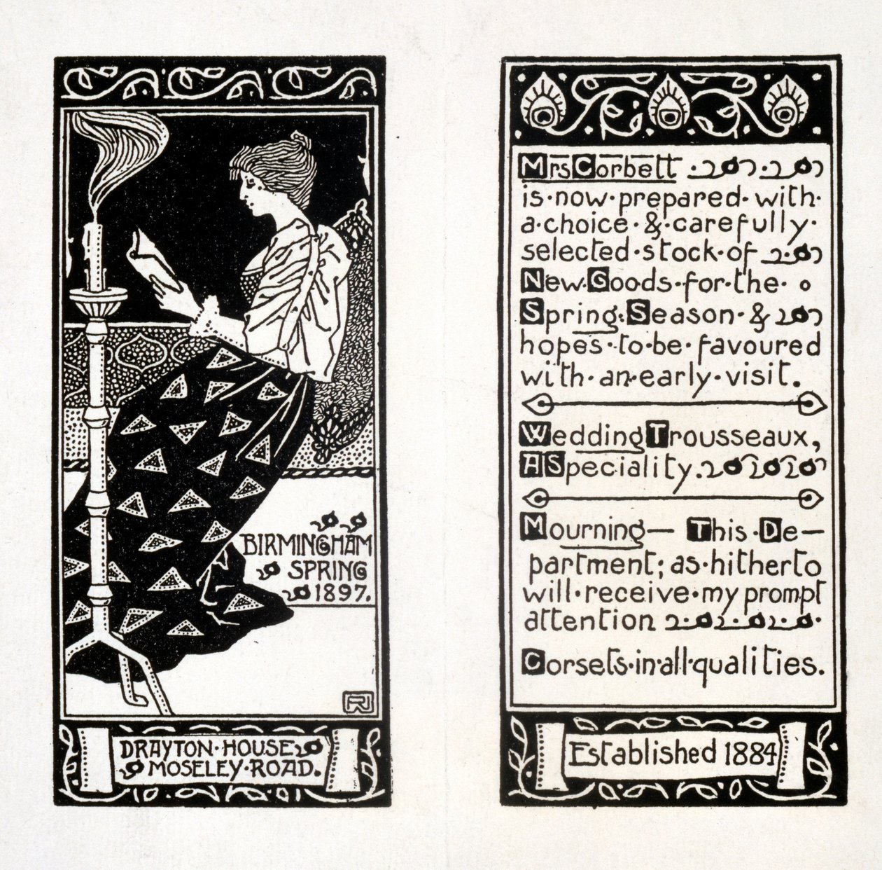 Pubblicità per Mrs Corbett a Drayton House, Birmingham, 1897 da English School