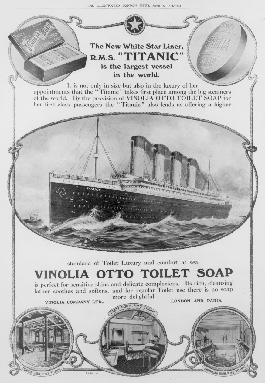 Pubblicità del sapone da toilette Vinolia Otto, utilizzato sul Titanic, da "The Illustrated London News", 6 aprile 1912 (incisione) (foto b/n) da English School