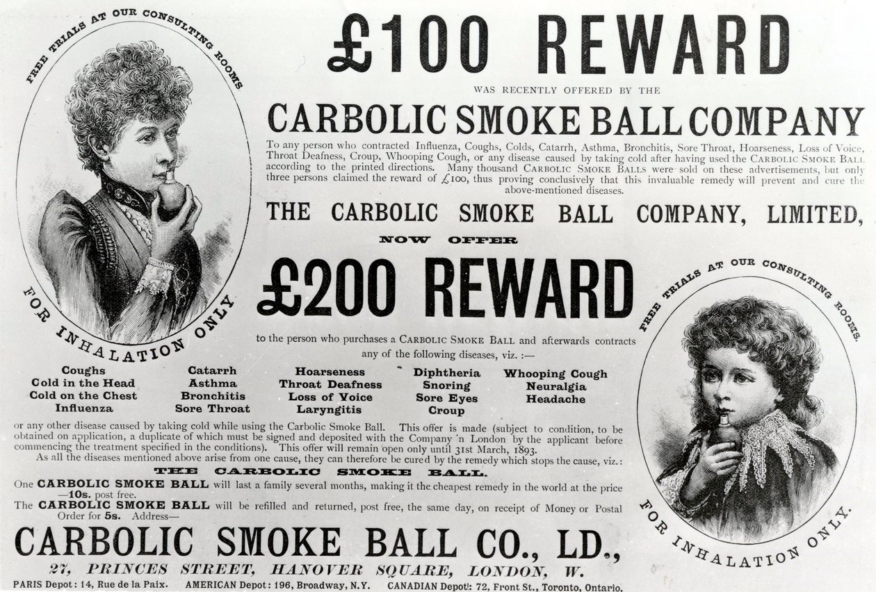 Pubblicità per la Carbolic Smoke Ball Company, 1893 da English School