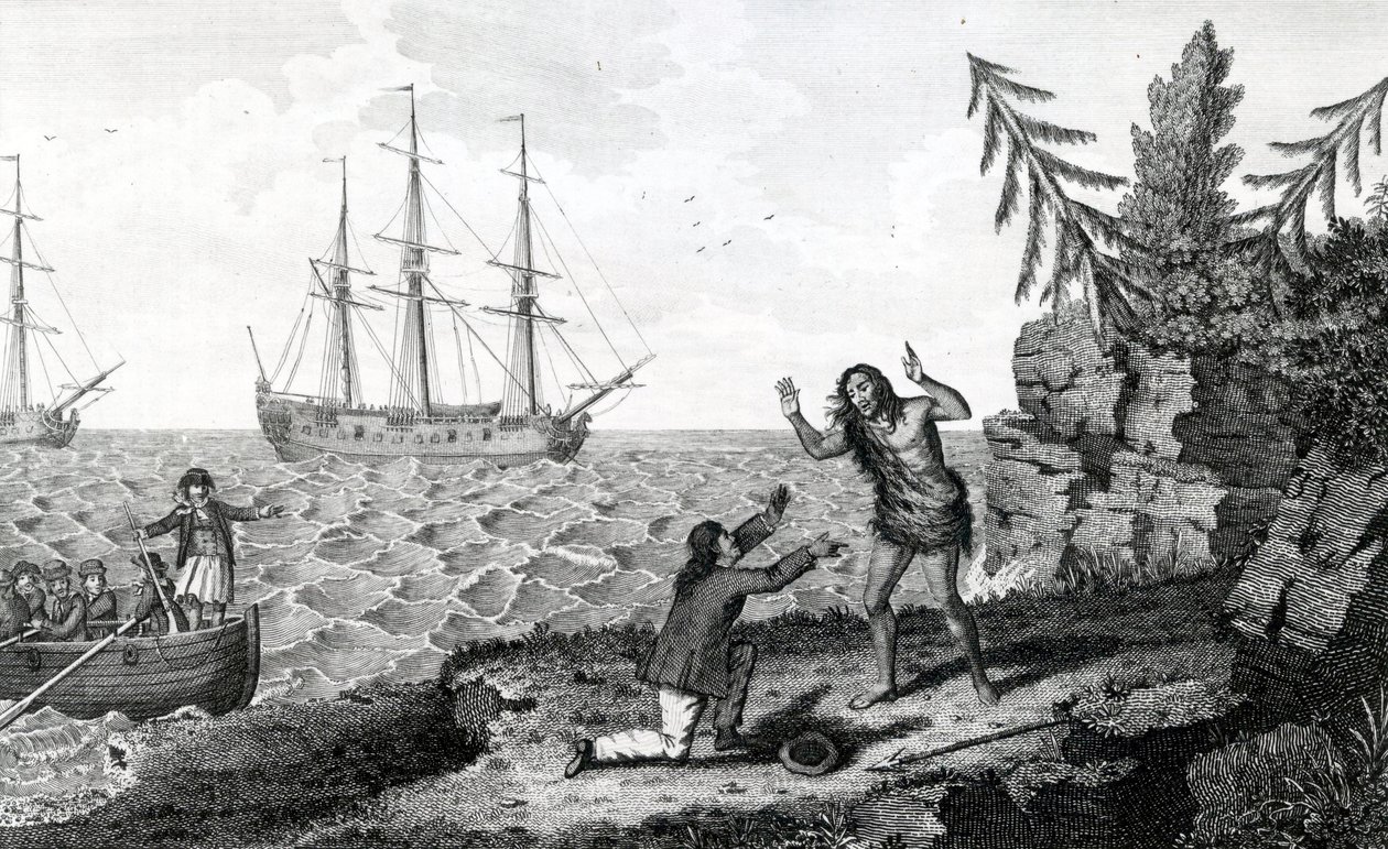 Commovente incontro di due Uomini Mokito, illustrazione tratta dai Viaggi e Viaggi di Moore, 1778 da English School