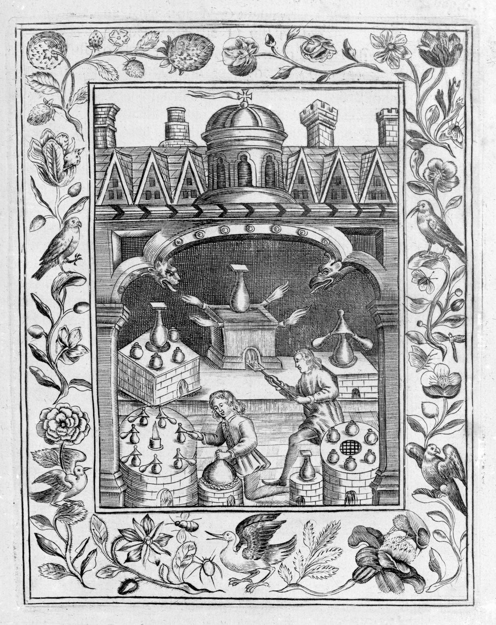 Laboratorio alchemico che mostra varie forme di fornaci e vasi, tratto da Theatrum Chemicum Britannicum di Elias Ashmole, 1652 da English School