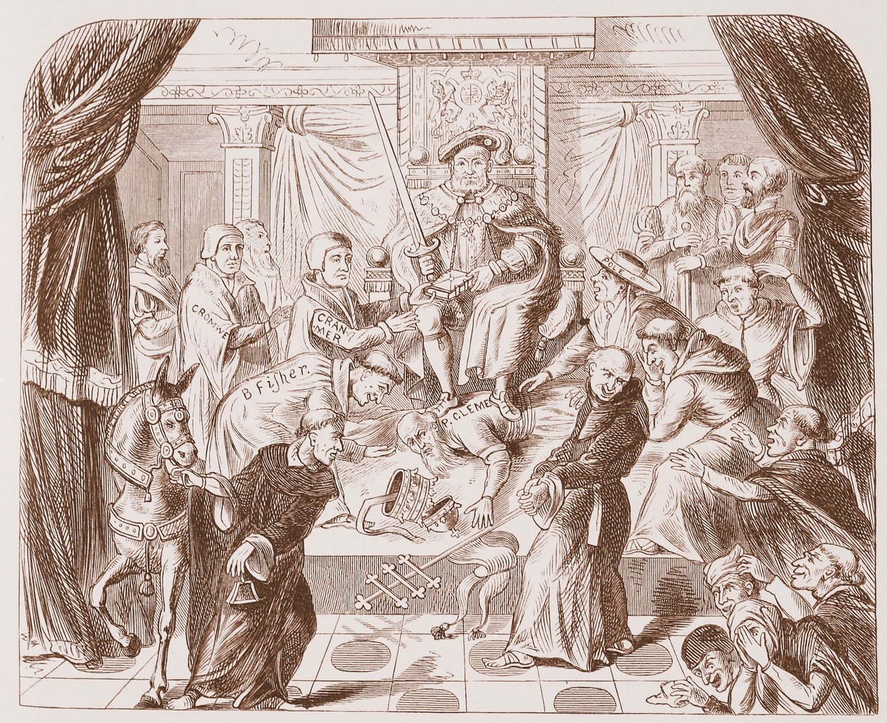Dipinto allegorico di Enrico VIII che calpesta Papa Clemente, da una vecchia stampa nel British Museum da English School