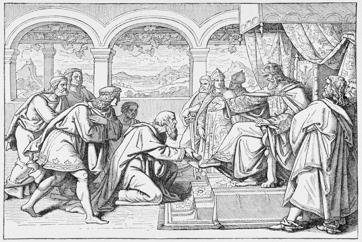 Ambasciatori di Haroun al Raschid (c.766-809) davanti a Carlo Magno (768-814), da La storia della Francia, di Emile de Bonnechose, pubblicato da Ward, Lock and Co, Londra da English School
