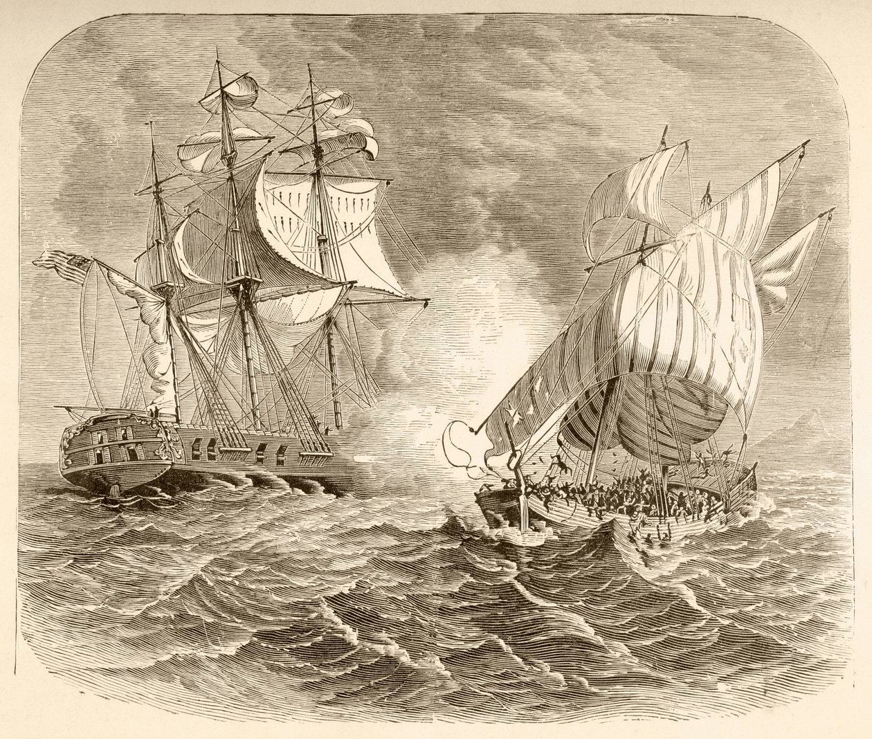 Una Nave della Marina Americana cattura una Nave Pirata Algerina al largo della Costa dei Barbari durante la Prima Guerra Barbaresca da English School