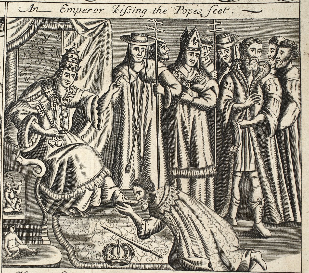 Un imperatore che bacia i piedi del Papa, illustrazione da Atti e Monumenti di John Foxe, nona edizione, pub. 1684 da English School