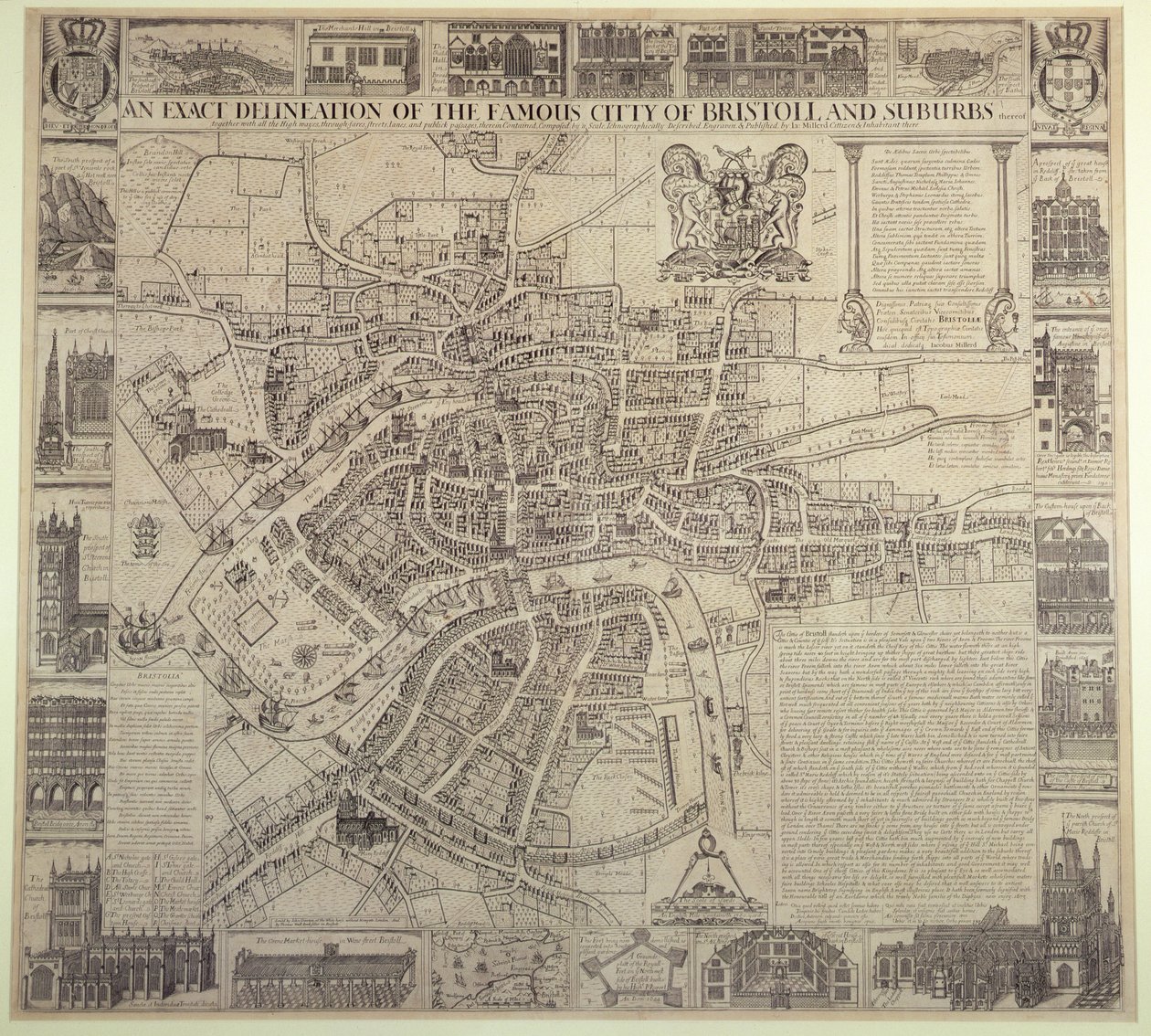 "Una delineazione esatta della famosa città di Bristol e dei sobborghi", di James Millerd, pub.1673 da English School