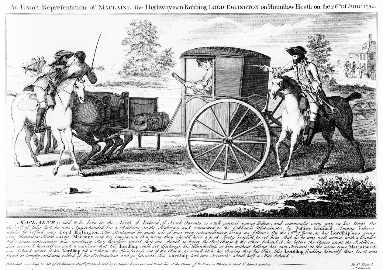 Rappresentazione esatta di Maclaine il bandito che rapina Lord Eglington a Hounslow Heath il 26 giugno 1750, stampa di Charles Mosley, 1750 da English School