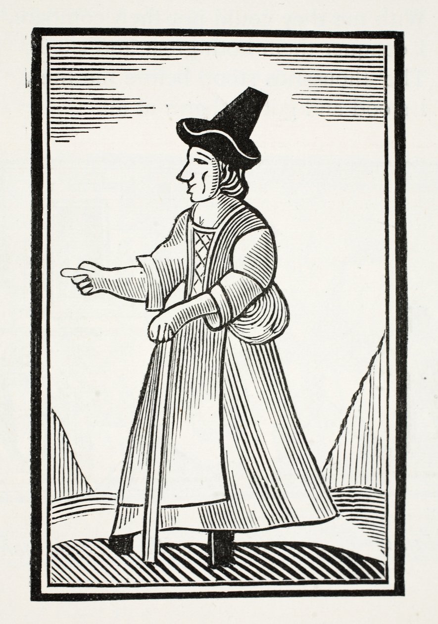 Una vecchia che sgrida con un cappello a corona alta, illustrazione da Chap-books del XVIII secolo di John Ashton, pub. 1882 da English School