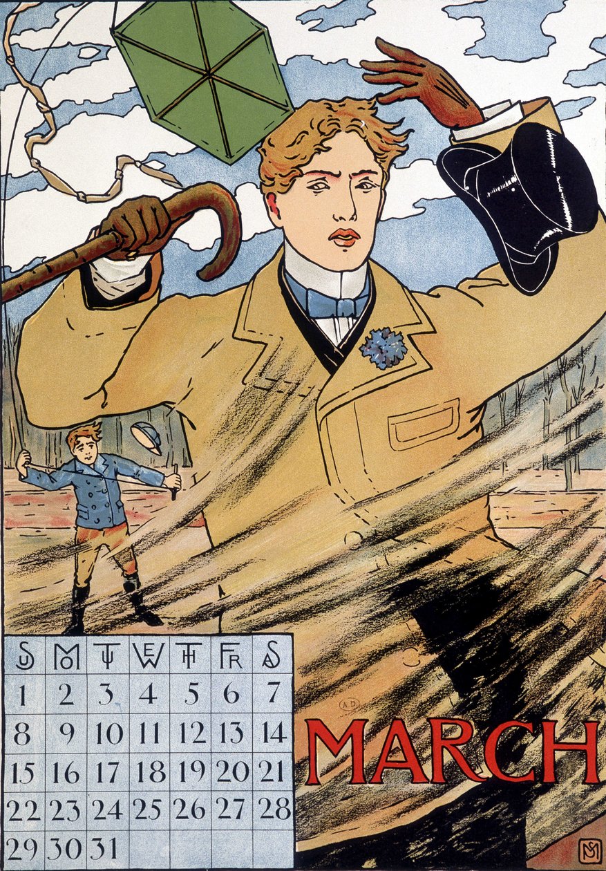 Un uomo elegante che lotta con il vento - immagine di calendario inglese, marzo, fine XIX secolo da English School