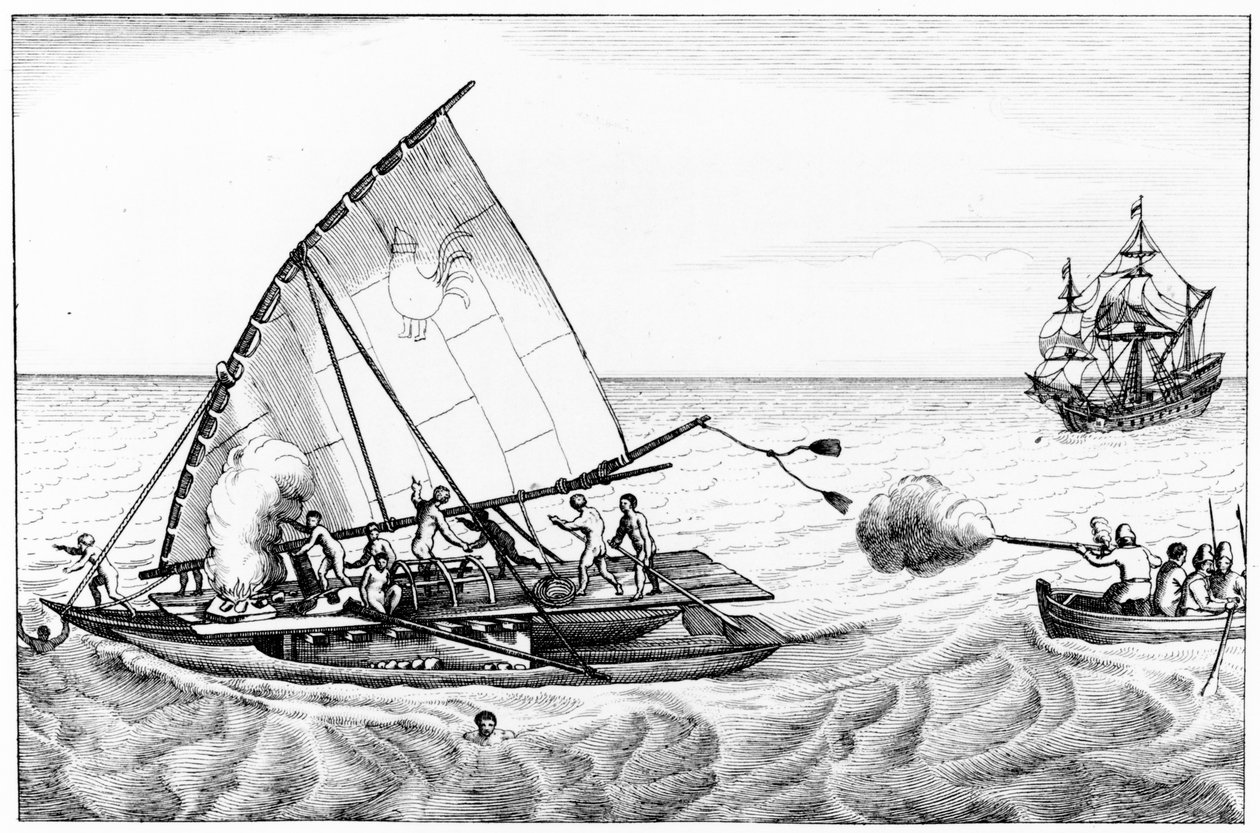 Un incidente durante la circumnavigazione del mondo di Le Maire e Schouten nel 1615-16, dal Volume II di Storia cronologica dei viaggi e delle scoperte nel Mare del Sud da English School