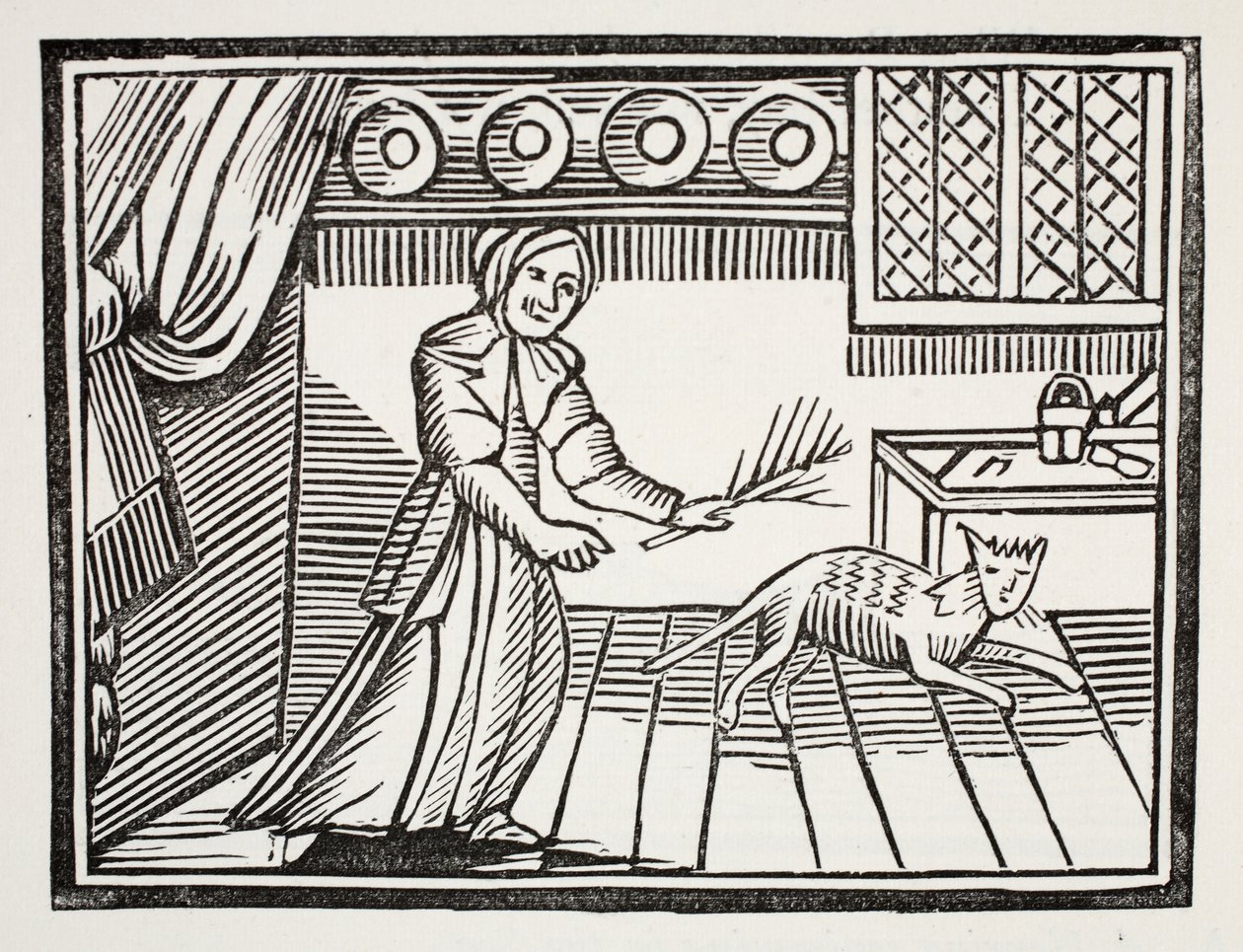 Una vecchia che frusta il suo gatto per aver catturato topi di domenica, illustrazione da Chap-books del XVIII secolo di John Ashton, pub. 1882 da English School