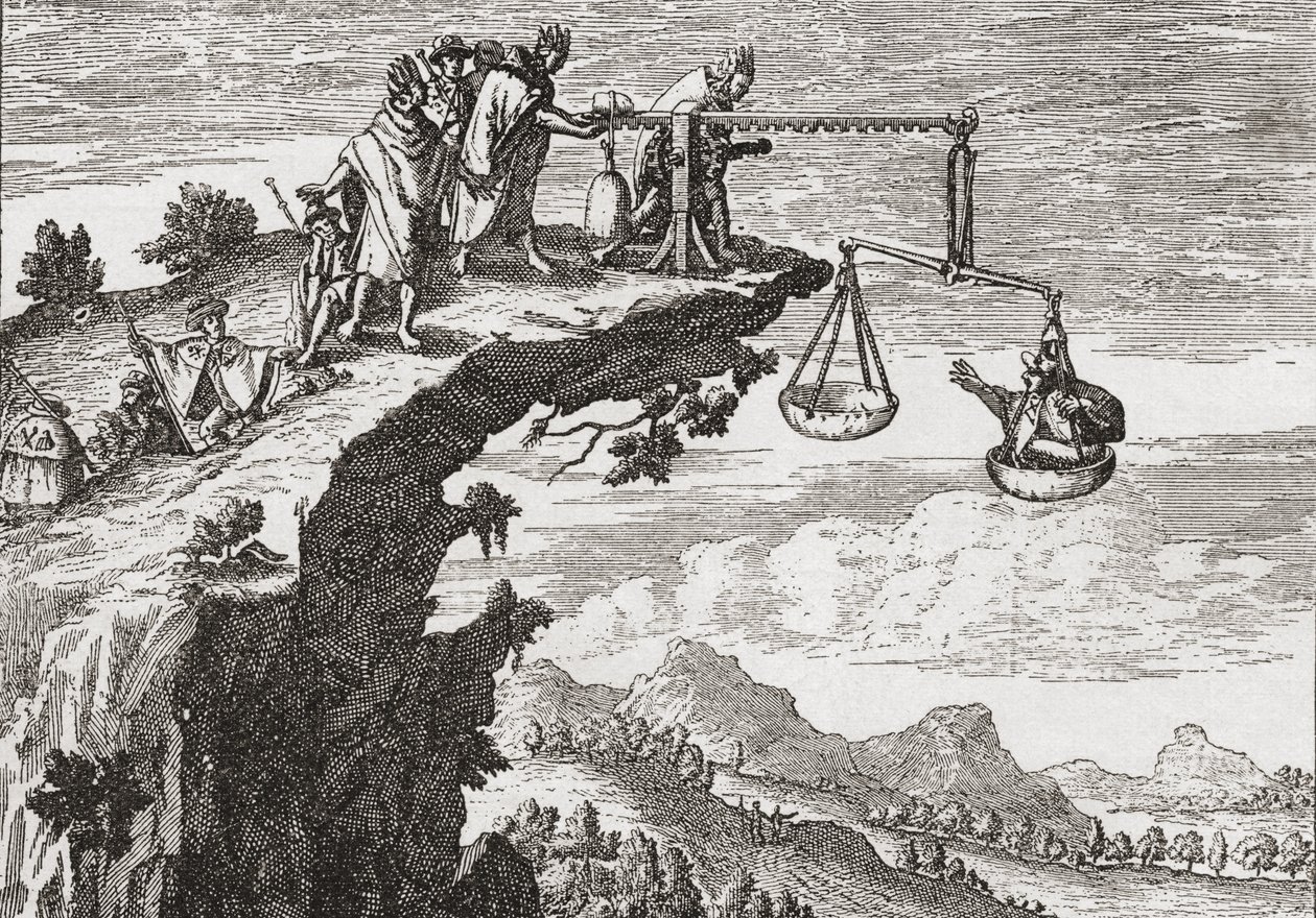 Un metodo insolito per estorcere confessioni dai criminali, da un disegno del XVI secolo di Theodorus de Bry. La scena mostra il criminale seduto sulle bilance dell