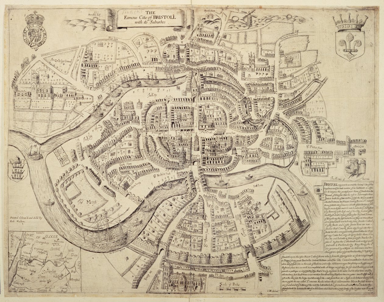 Antica Mappa della Città di Bristol e dei suoi Sobborgi, stampata, colorata e venduta da Robert Walton da English School