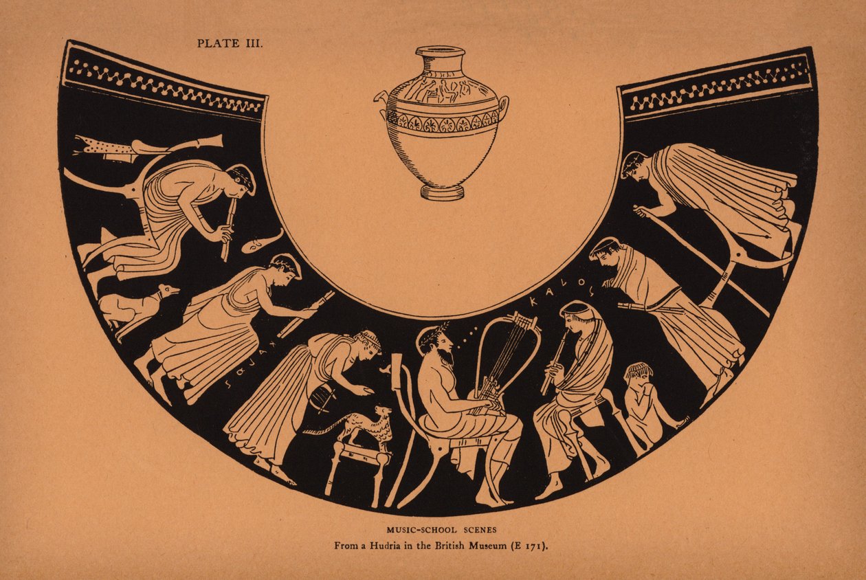 Educazione greca antica: Scene di scuola di musica (litografia) da English School