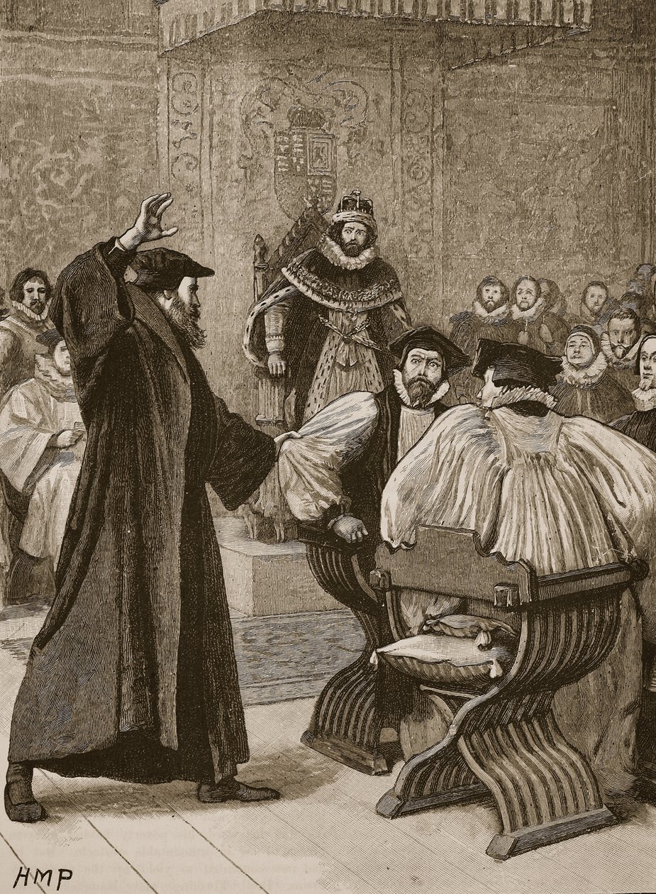 Andrew Melville davanti al Consiglio Privato Scozzese, illustrazione da Cassells Illustrated History of England da English School