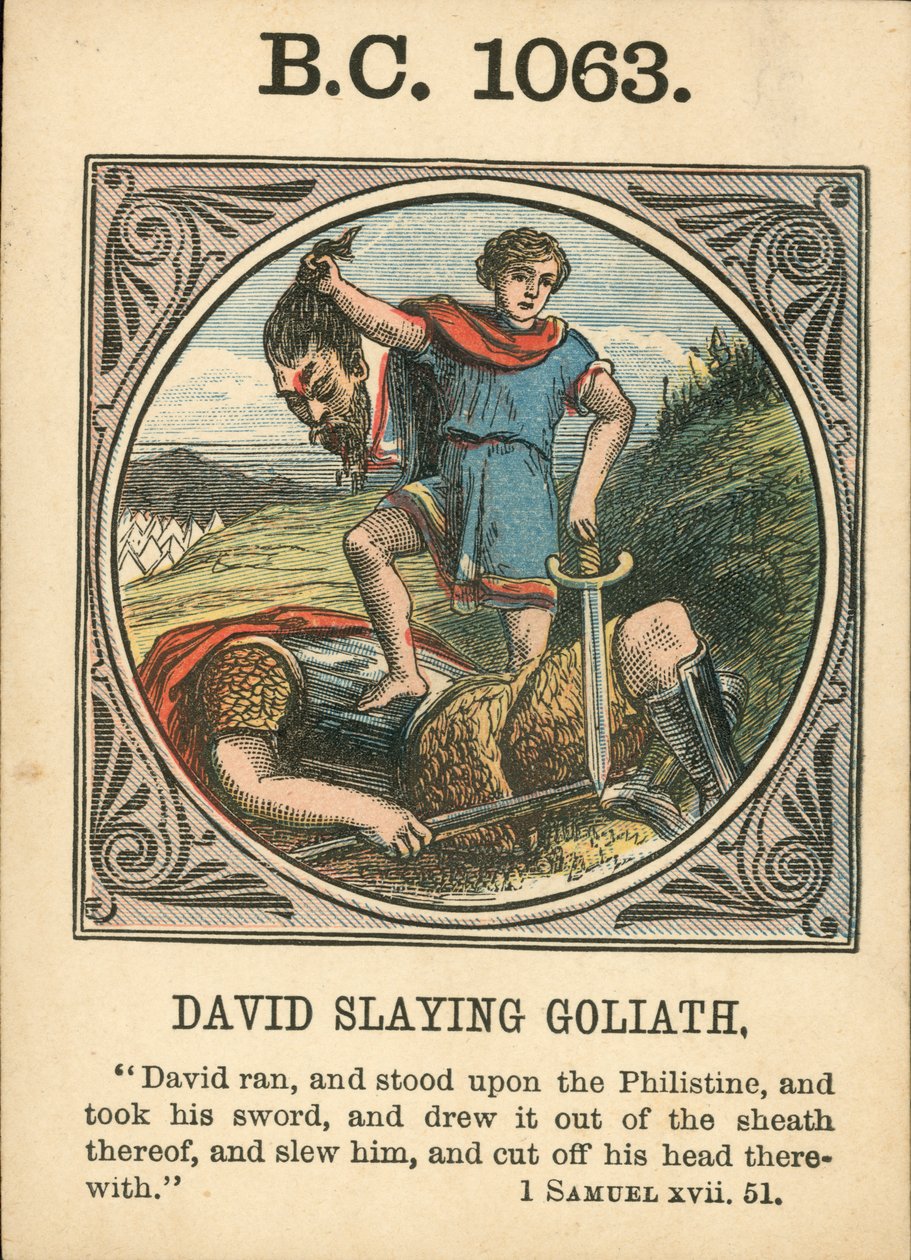 Anno Mundi: 1063 a.C., Davide che uccide Golia (litografia a colori) da English School
