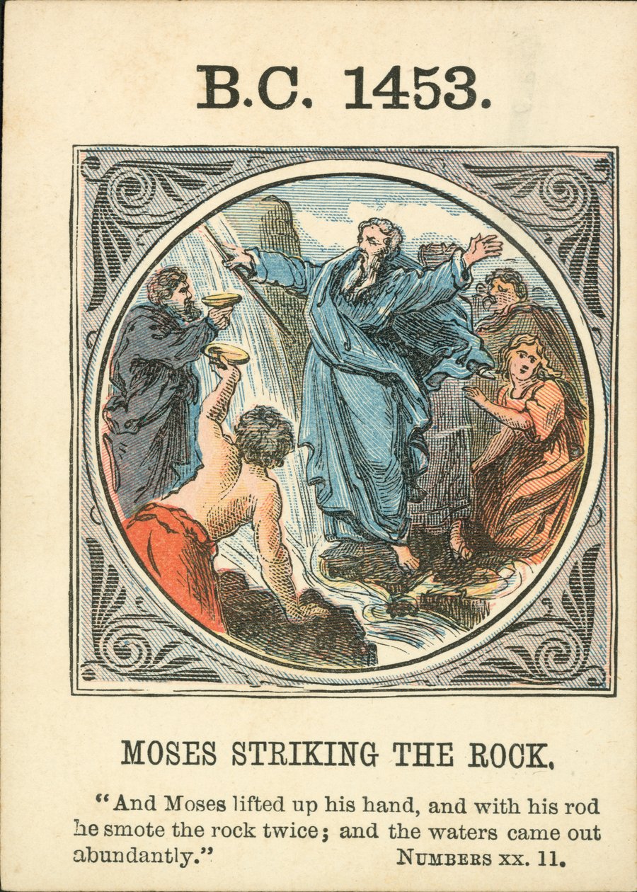Anno Mundi: BC 1453, Mosè che colpisce la roccia (litografia a colori) da English School