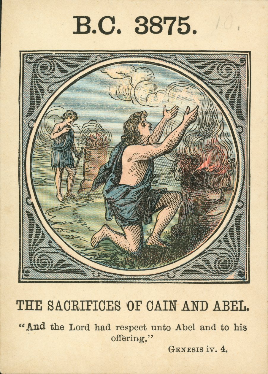 Anno Mundi: BC 3875, I sacrifici di Caino e Abele (litografia a colori) da English School