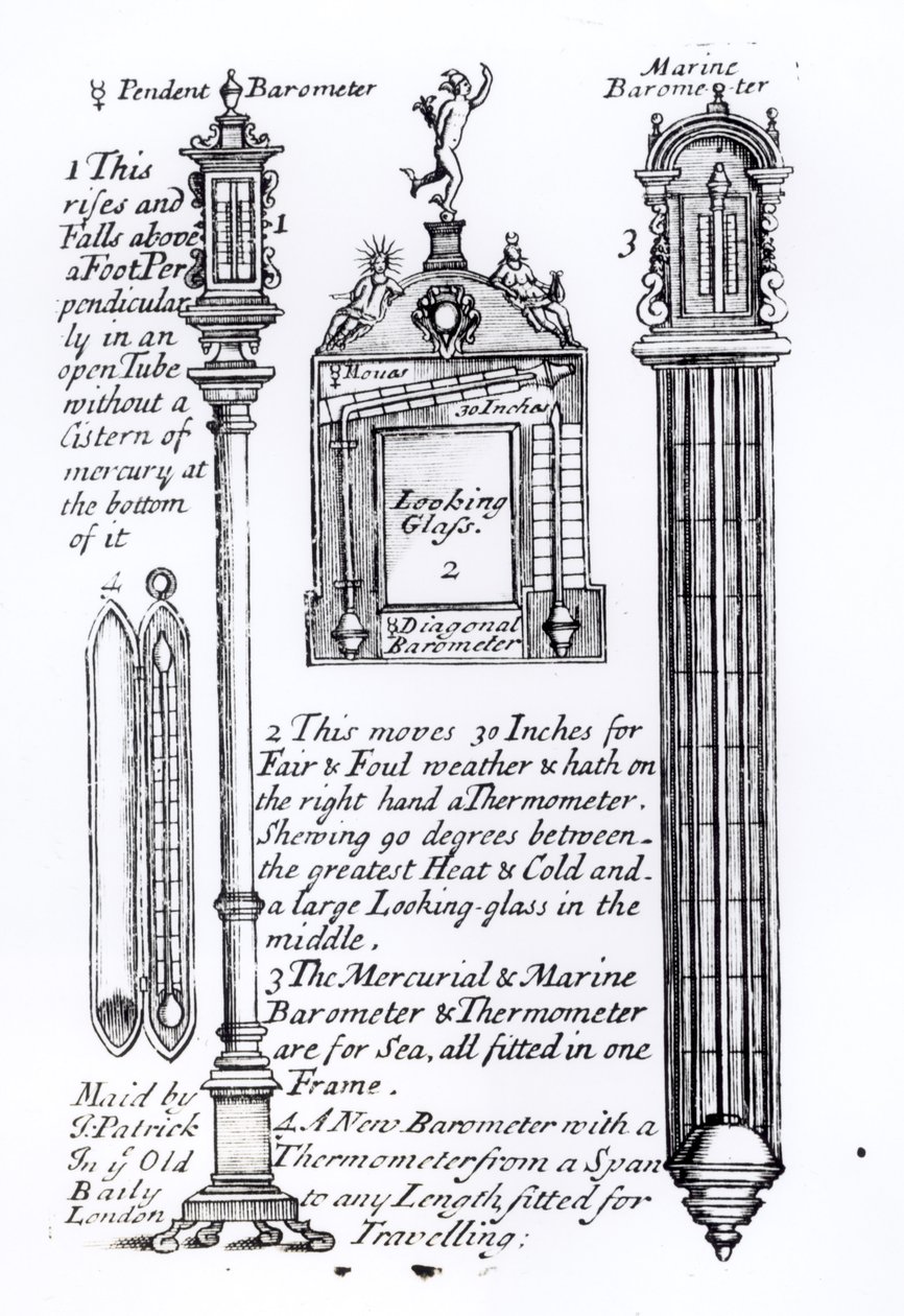 Illustrazione annotata di barometri pendenti, diagonali e marini da English School