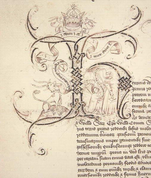 Iniziale decorata H da una carta reale che registra la concessione di re Enrico VI al New College Oxford delle tenute di Newton Longville da English School