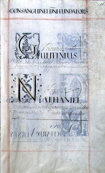 Archivio 3693 f.46 Pagina che elenca tre benefattori del New College, Oxford: Gulielmus, Nathaniel, da un libro di beneficenza da English School