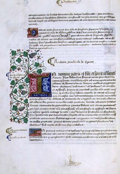 Pagina di testo con iniziale illuminata, dal libro delle fondazioni di Robert Sherborne o Shirburn (c.1450-1536) Vescovo di Chichester da English School