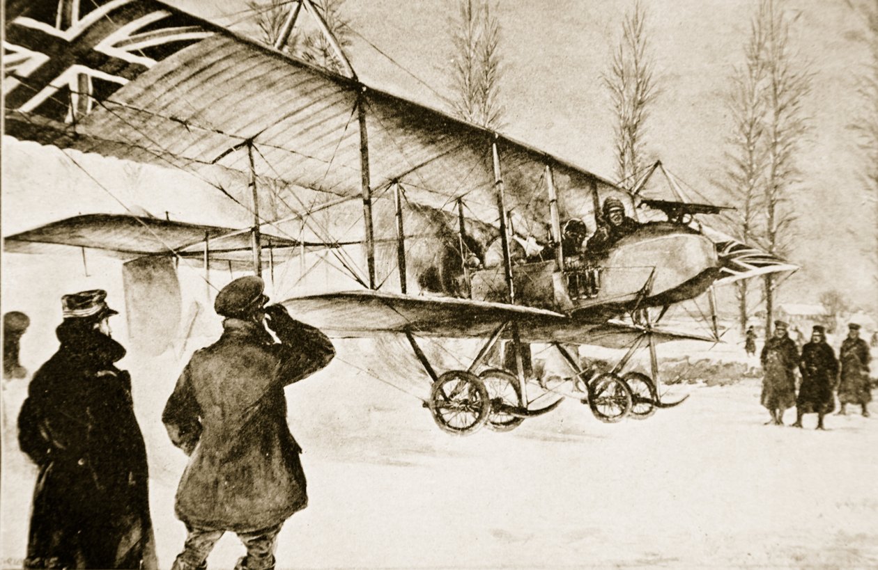 Biplano britannico armato in partenza dal quartier generale vicino a Hollebeke, 1914-19 da English School