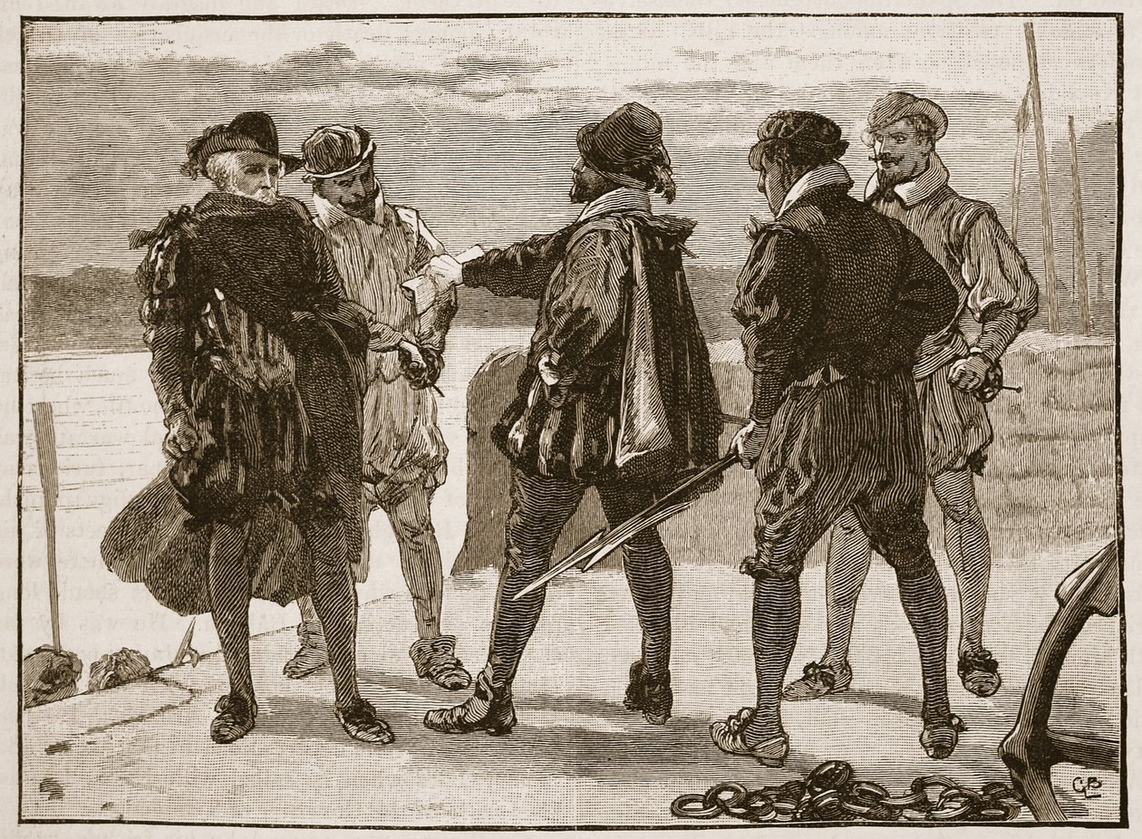 Arresto di Sir Walter Raleigh, illustrazione da Cassells Illustrated History of England da English School