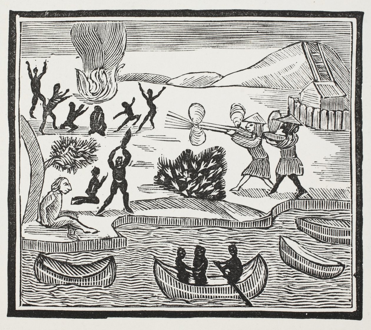 Arrivo dei selvaggi con prigioniero cristiano, illustrazione da Chap-books del XVIII secolo di John Ashton, pub. 1882 da English School