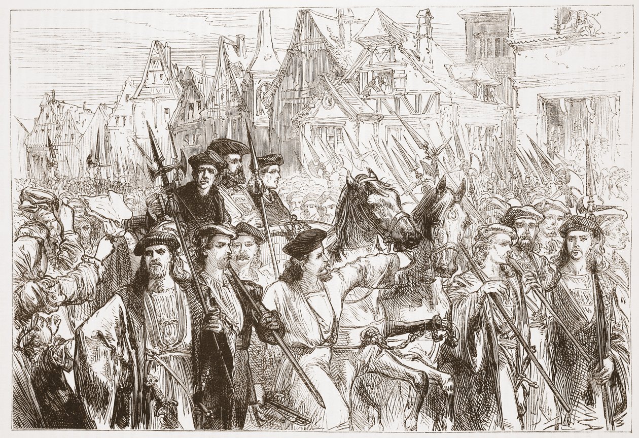 Arrivo dei teologi di Wittemberg a Lipsia, illustrazione da La storia del protestantesimo di James Aitken Wylie (1808-1890), pub. 1878 da English School