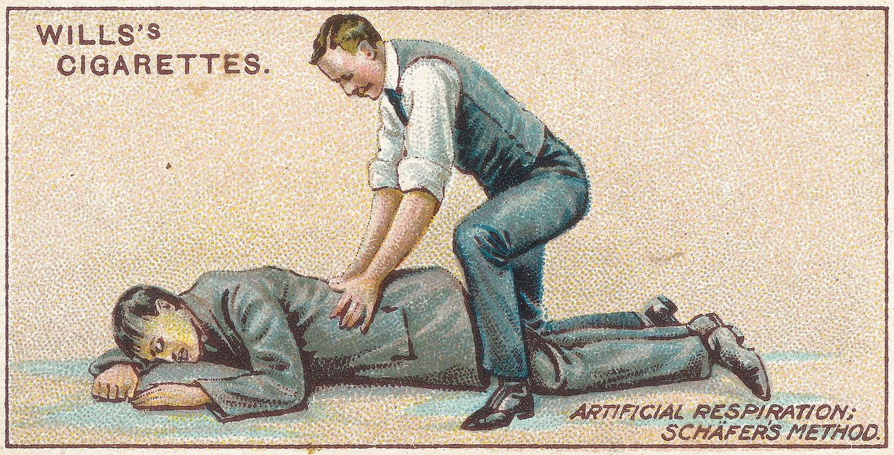 Respirazione artificiale, metodo Schafer, n.25 dalla serie di carte di sigarette di primo soccorso di Willss, 1913 da English School