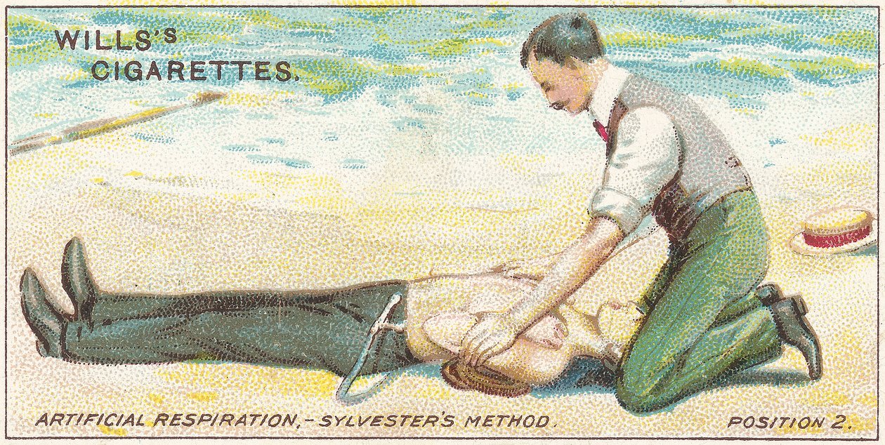 Respirazione artificiale, metodo Sylvester - Posizione 2, n.17 dalla serie di carte di sigarette di primo soccorso di Willss, 1913 da English School