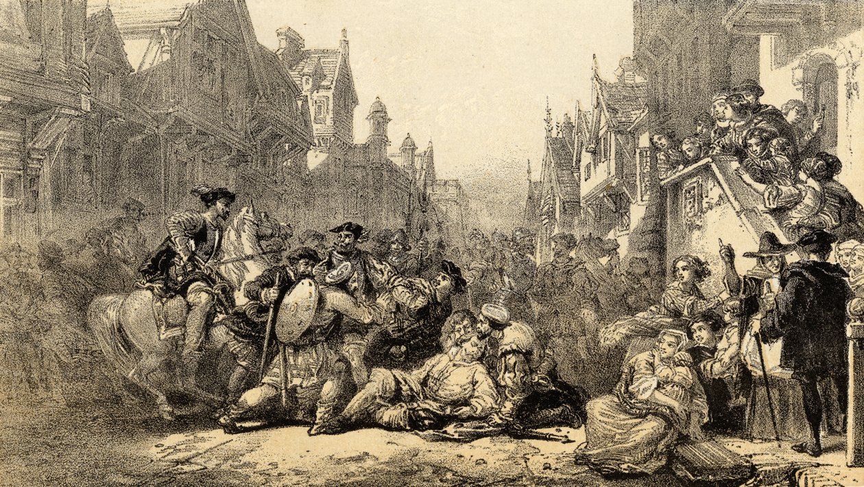 Assassinio del reggente James Stewart Moray (c.1531-70) Reggente di Scozia, a Old Linlithgow, West Lothian da English School