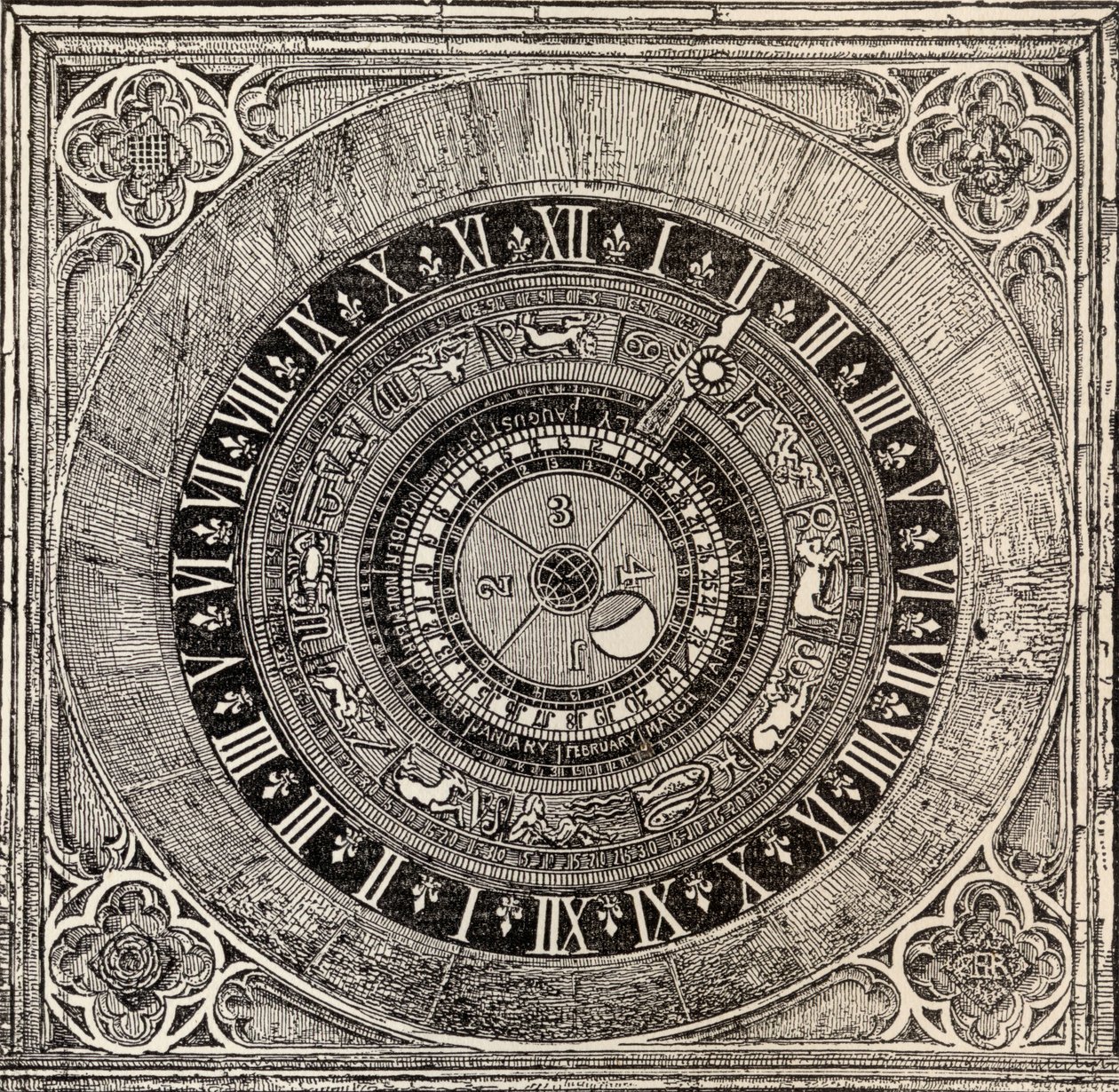 Orologio astronomico a Hampton Court Palace, da History of Hampton Court Palace in Tudor Times di Ernest Law, pubblicato a Londra nel 1885 da English School