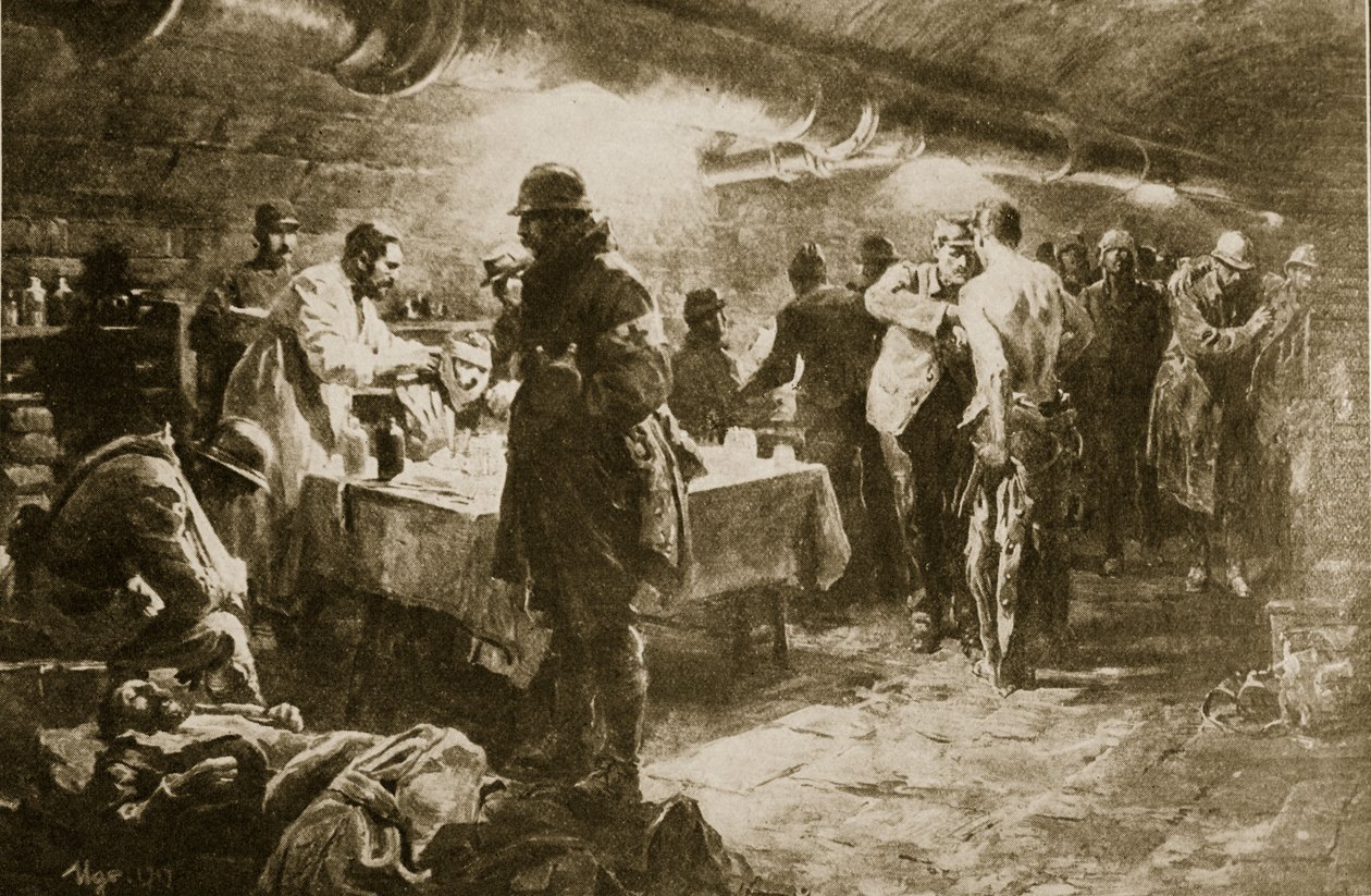 Al lavoro in un posto di soccorso in una cantina sotto un forte di Verdun, 1914-19 da English School