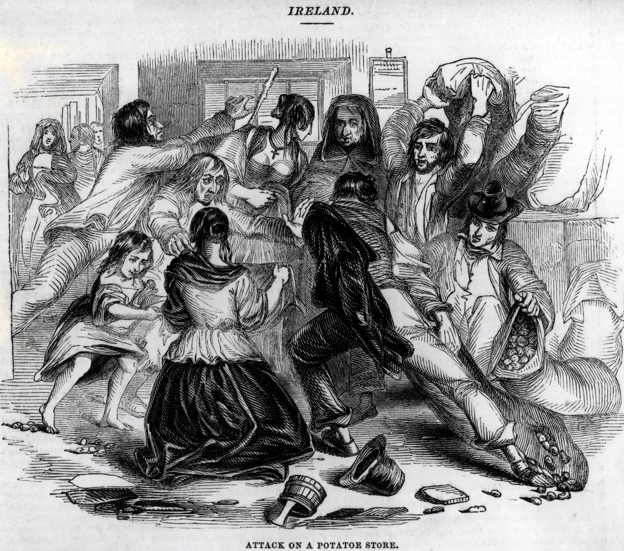 Attacco a un deposito di patate in Irlanda, c.1845 da English School