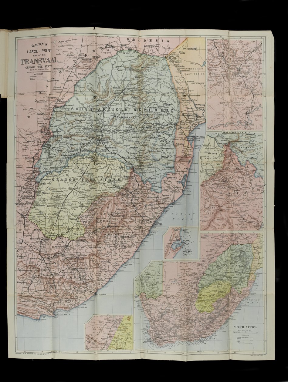 Grande mappa del Transvaal, Stato Libero di Orange e Natal con estensione a sud fino a Port Elizabeth, Sudafrica di Bacon da English School